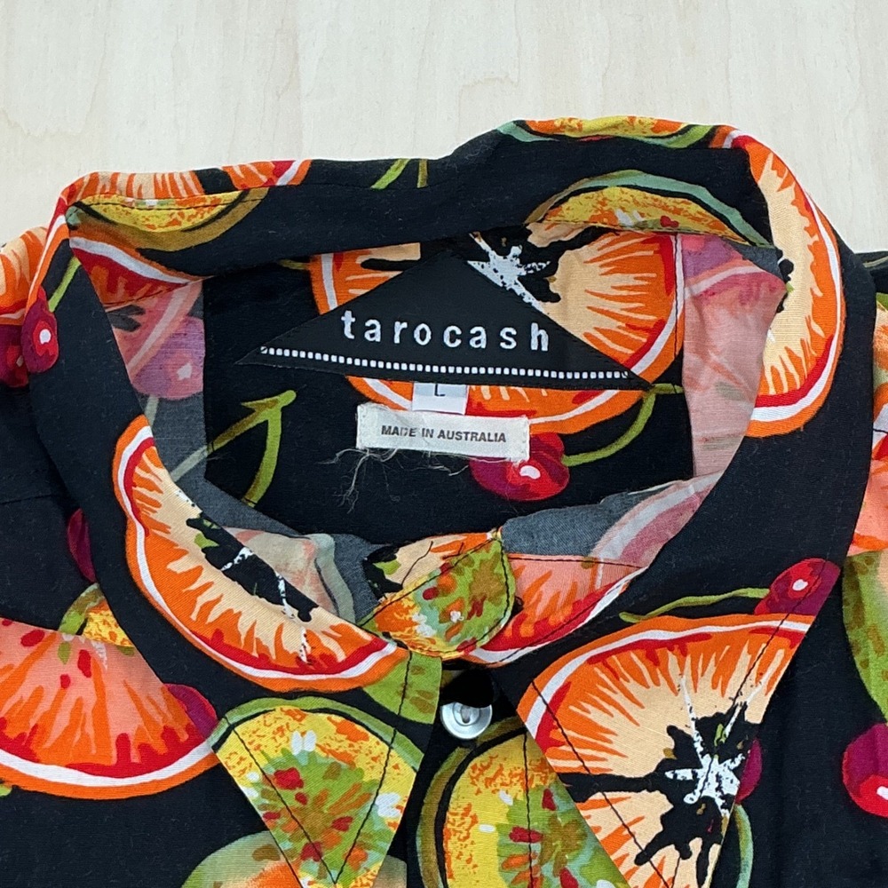 Mens Tarocash Retro Fruit Print Button Down Shirt L Black Tropical Viscose Rayon - Picture 2 of 7